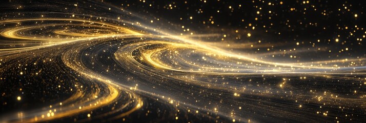 Poster - Elegant black and gold abstract background with swirling patterns and shimmering stars creating a celestial atmosphere