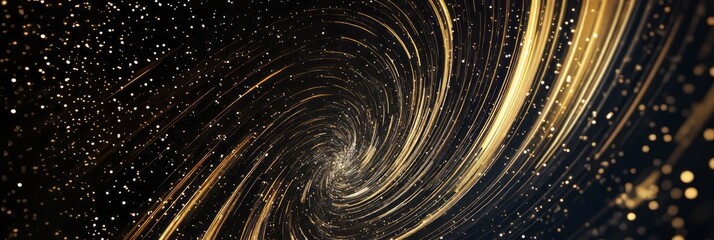 Poster - Swirling black and gold vortex with sparkling stars creating a cosmic illusion in a mystical background