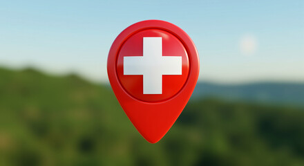 Poster - Map pin location marker in red with Swiss cross on blur green background