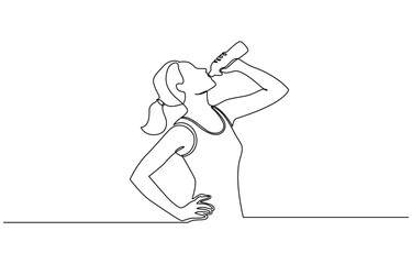 Aufkleber - Continuous one line drawing of woman drinking water from the bottle, woman drinking water from bottle continuous one line drawing after sport exercise.