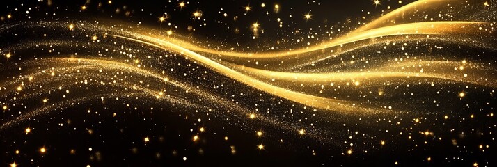 Poster - Shimmering gold waves against a black background create a mesmerizing visual effect filled with sparkling elements