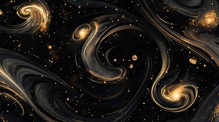 Poster - Dramatic cosmic swirl with gold accents and black backdrop showcasing swirling galaxies and celestial bodies