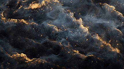 Poster - Black and gold abstract cosmic background showcasing swirling patterns and shimmering stars