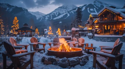 Aufkleber - Gathering around a crackling fire pit, friends enjoy warmth in a snowy mountain lodge, surrounded by softly glowing holiday lights and a serene winter landscape at twilight.