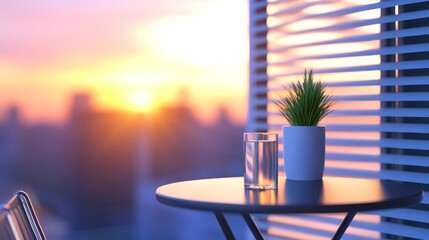 Wall Mural - serene sunset view from a modern balcony with a glass of water and a potted plant on a table
