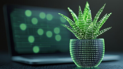 digital plant in glowing pot with laptop in background