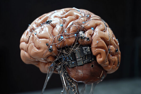 Futuristic brain design featuring circuit board elements merging technology with organic structure