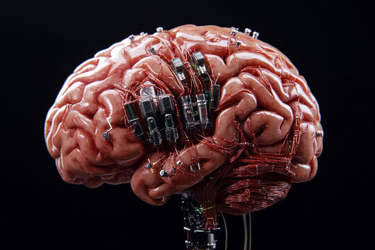 Futuristic brain design featuring circuit board elements merging technology with organic structure