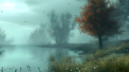 Poster - Atmospheric decay in scenic chaos by a tranquil lake nature landscape photography serene environment calm viewpoint