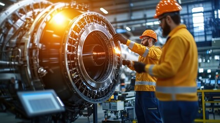 Poster - Engineers Working on Jet Engine Assembly in Industrial Workshop with Safety Gear and Advanced Technology in the Background for Aviation Industry