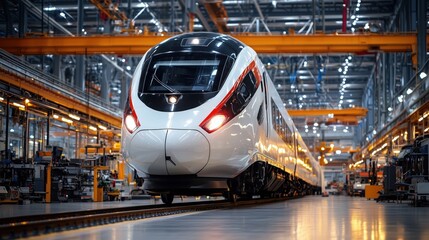 Poster - Sleek Modern Train in High-Tech Manufacturing Facility with Bright Lights and Sophisticated Machinery Surroundings