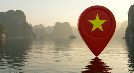 Poster - Map pin with Vietnam flag in serene landscape reflecting in water