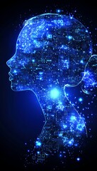 Aufkleber - profile of a human head composed of glowing circuit boards and binary code on a blue background
