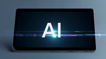 Aufkleber - Futuristic digital ai symbol pulsing and glowing on tablet screen, featuring vibrant lens flare effect with blue technological background in slow motion rendering