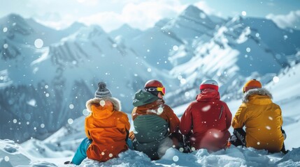 Poster - Group of friends dressed in colorful winter gear sit on snow, taking in the breathtaking snowy mountain landscape under a bright sky.