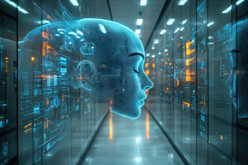Poster - a digital projection of a human head, made in the form of a grid of dots and lines, in the cyberpunk style.  