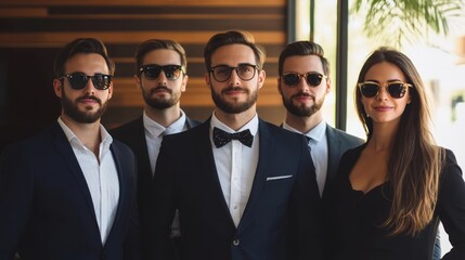 Wall Mural - A group of men and a woman are dressed in suits and ties, posing for a photo