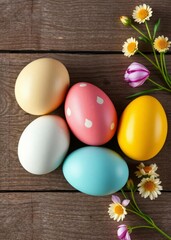 Easter eggs on wooden background top view with copy space for happy easter sunday banner or poster easter border border easter spring decoration background card frame holiday