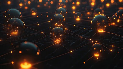 Poster - Glowing Spheres Connected by Light in a Dark Abstract Setting