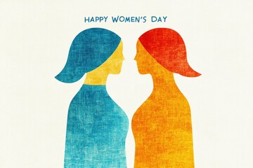 Wall Mural - Abstract illustration celebrating International Women s Day with two female silhouettes in blue and orange colors against a light background