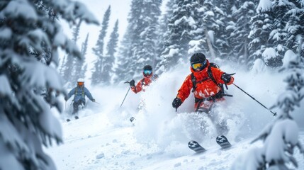 Poster - Skiers in bright orange gear navigate through deep snow amidst towering trees on a winter day, enjoying the thrill of the cold mountain slopes.