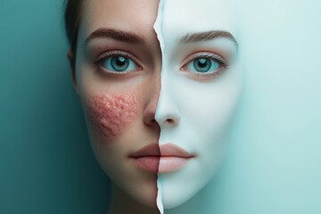 Fototapete - Comparison of skin conditions showcasing acne and redness versus smooth, healthy skin with space for text. Generative AI
