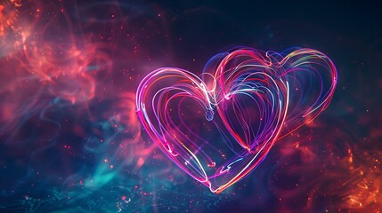 Poster - A dynamic, colorful scene with intertwined glowing hearts illuminated by smooth, multicolored light trails, creating a futuristic and romantic ambiance with a glowing effect