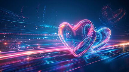 Poster - A dynamic, colorful scene with intertwined glowing hearts illuminated by smooth, multicolored light trails, creating a futuristic and romantic ambiance with a glowing effect