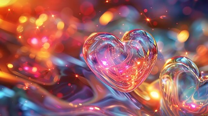 A series of sparkling hearts with intricate light reflections floating against a backdrop of swirling abstract lights in vibrant hues, giving a sense of warmth and elegance