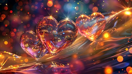 A series of sparkling hearts with intricate light reflections floating against a backdrop of swirling abstract lights in vibrant hues, giving a sense of warmth and elegance