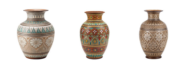 Wall Mural - Antique Vase with Indigenous Patterns on White Background, Traditional Pottery, and Heritage Craft