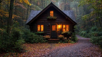 Wall Mural - Cozy autumn cabin, forest path, glowing windows, misty background; home decor