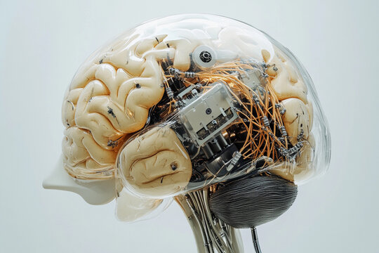 Futuristic brain design featuring circuit board elements merging technology with organic structure