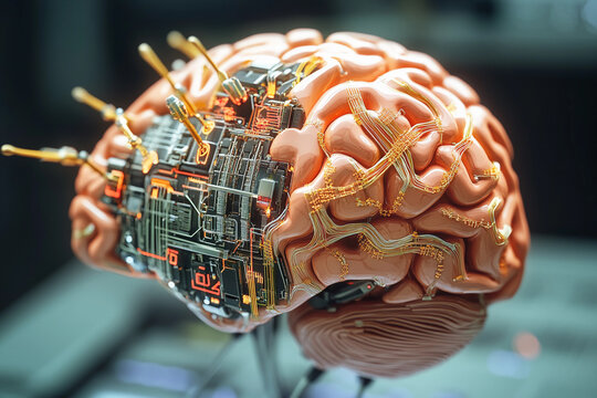 Futuristic brain design featuring circuit board elements merging technology with organic structure
