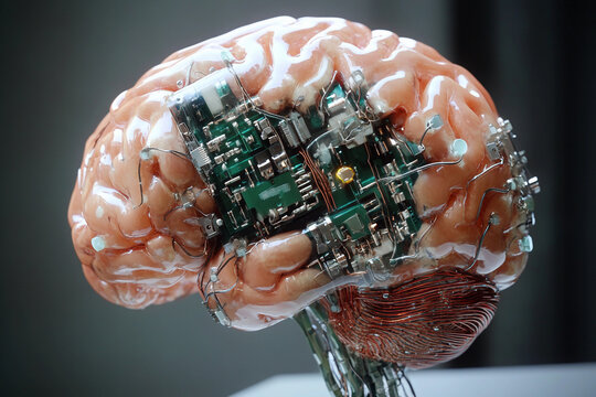 Futuristic brain design featuring circuit board elements merging technology with organic structure