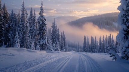 Poster - A tranquil winter scene features tall snow covered trees lining a narrow path. Soft morning light filters through the mist, creating a peaceful atmosphere in the snowy landscape.