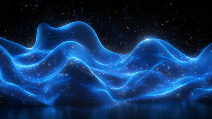 Wall Mural - Abstract blue waves with glowing stars create mesmerizing cosmic landscape, evoking sense of wonder and tranquility in digital universe