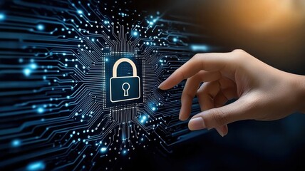 Poster - cybersecurity and remote work. digital lock symbol with hand reaching, representing cybersecurity an