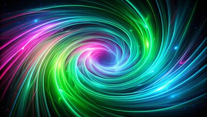 Poster - Abstract Swirling Vortex of Neon Green Pink Blue Lines Silhouette Dark Background Stock Photo