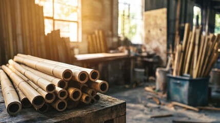 Poster - Bundles of Bamboo Sticks in a Rustic Workshop Environment
