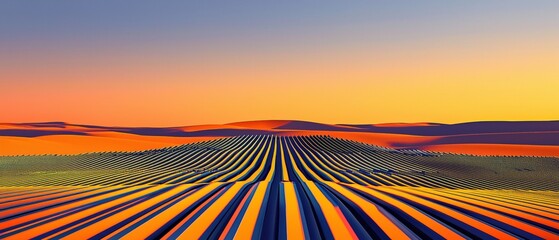 Wall Mural - futuristic digital rendering of solar panel array in vibrant desert landscape under sunset skies