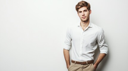 Poster - Casual yet professional vibe as a confident man in white shirt and khakis poses against a bright white background