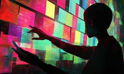 Fototapete - Person interacting with colorful digital data wall using phone