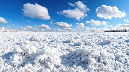 Wall Mural - Frosty field under a bright winter sky, snow landscape