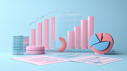Poster - Creative flat design of financial reports with 3D bar graphs and pie charts in soft pastel colors