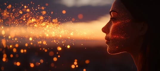 Poster - Woman Profile with Digital Particles and Glowing Particles, AI and Technology Concept