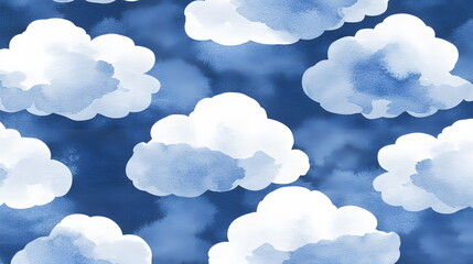 cloud patterns on a deep blue background with soft, fluffy white shapes and texture.