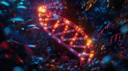 Fototapete - Glowing DNA helix in a biomechanical setting, surrounded by thriving digital plants