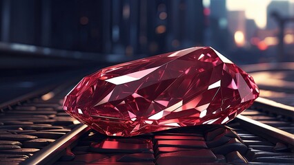 A large, faceted red gemstone resting on railroad tracks