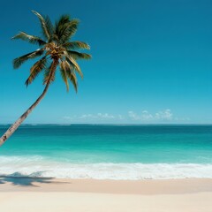 Poster - Tropical beach paradise with coconut palm tree and turquoise water, perfect for relaxation and tranquility in a minimalist setting. Generative AI